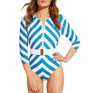 Stylest Dreamsculpt‎ Belted Aqua Blue Striped Zip Up One Piece Swimsuit Small